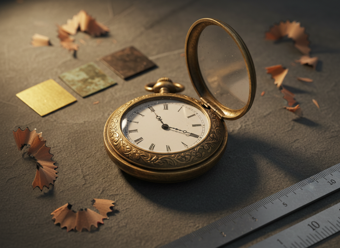 A close-up of an intricately aged hero prop: an antique brass pocket watch resting on a textured, charcoal-grey drafting mat. The watch case is engraved with fine floral patterns, its glass crystal subtly scratched, with the lid propped open to reveal elegant Roman numerals and delicate clock hands frozen in time. Around it lie soft pencil shavings, a metal ruler, and swatches of patina test plates. Warm, directional desk lamp lighting from the upper left creates rich highlights on the brass and soft, controlled shadows on the mat. Photographic realism, shot from a slightly elevated macro angle, with a shallow depth of field emphasizing craftsmanship and detail-oriented artistry.