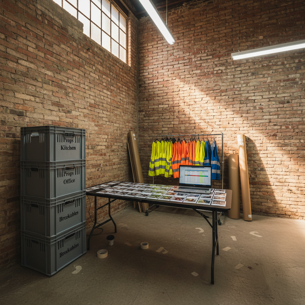 A compact, mobile art department base set up in a corner of a converted warehouse in Madrid, featuring stacked plastic crates stenciled with “Props – Kitchen”, “Props – Office”, and “Breakables”, a folding table covered in neatly laid out continuity photos, and an open laptop displaying a production schedule. Behind, a rack of labeled high-vis vests and rolled floor protection leans against exposed brick. Late afternoon sunlight filters through high industrial windows, mixing with cool fluorescent strips, creating a balanced, natural-meets-artificial glow. Photographed at eye level with wide-angle composition and sharp focus throughout, the scene feels grounded, efficient, and ready for fast-paced film and television work.