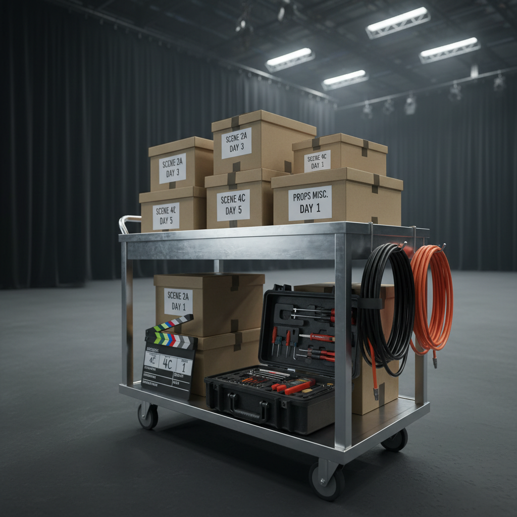 A polished props trolley ready for set, stacked with carefully packed boxes labeled by scene and shooting day, alongside neatly coiled cables, a digital clapperboard, and a small open flight case displaying precision tools. The trolley stands in the corner of an empty soundstage, with towering black drapes and distant lighting rigs fading into soft blur. Overhead industrial lights cast clean, even illumination, with delicate highlights on brushed aluminum and matte plastic surfaces. Captured from a slightly low, three-quarter angle to emphasize readiness and organization, the photographic image feels efficient and professional, evoking the calm before the chaos of a shoot day.