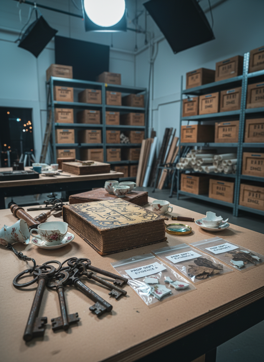 A meticulously arranged film prop workbench in a London studio, covered with an assortment of handcrafted objects: a weathered leather-bound book with gilded edges, a distressed metal keyring holding ornate vintage keys, cracked porcelain teacups, and labeled evidence bags. Shelves in the background hold neatly organized prop crates and rolled drafting plans. Cool, diffused overhead studio lighting creates gentle reflections on metal surfaces and soft shadows between items. Shot at eye level with a shallow depth of field, the foreground objects are in crisp photographic realism while the background softens into subtle bokeh, conveying a calm, professional, behind-the-scenes atmosphere suited to a high-end props portfolio.